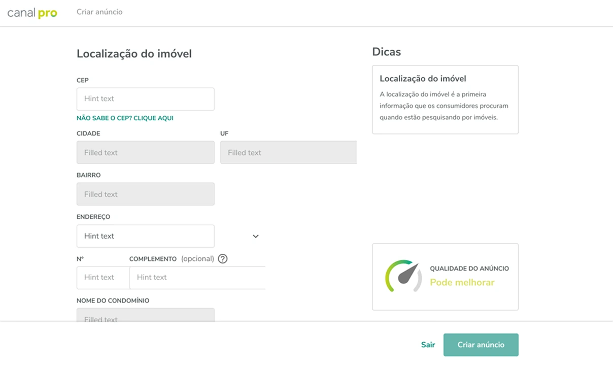 Formulário de criação de anúncio antes da mudança