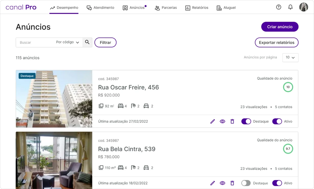 Canal Pro — Anúncios listing screen with quality scores