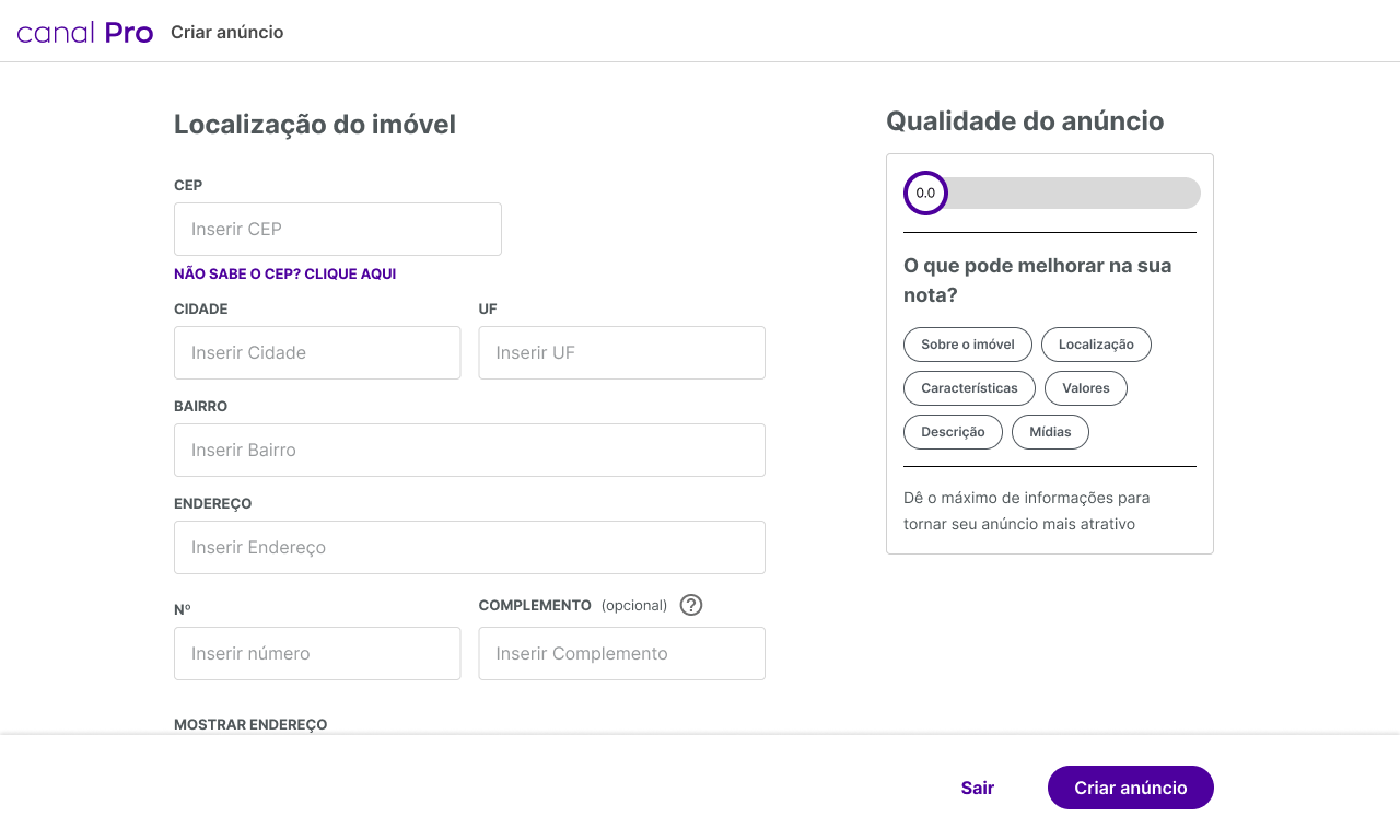 Criar anúncio — new listing quality card & tags